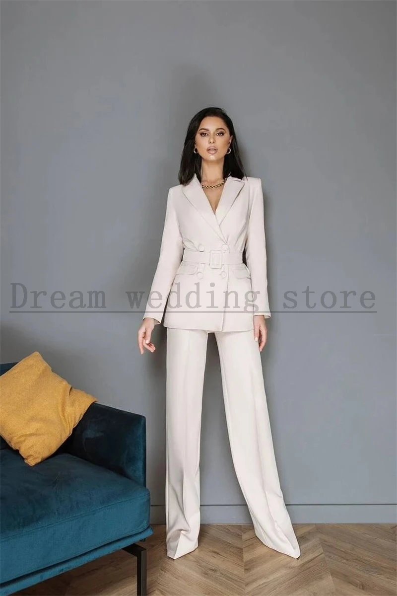 Bege feminino calça ternos conjunto 2 pçs blazer com cinto duplo breasted formal senhora do escritório jaqueta de negócios vestido baile de formatura feito sob encomenda