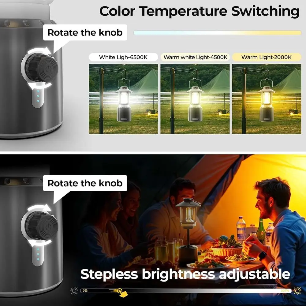 โคมไฟตั้งแคมป์แบบชาร์จไฟได้, พาวเวอร์แบงค์ 8000mAh, ปรับหมุนได้ 360 องศา °   ไฟ LED, แหล่งกำเนิดแสงคู่, 3 โหมด (2000K-6500K) สำหรับใช้งานกลางแจ้งและ