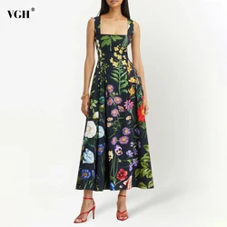 VGH Vintage Print Floral Dress For Women Square Collar Sleeveless High Waist Backless Colorblock Midi Dresses Female Clothes New