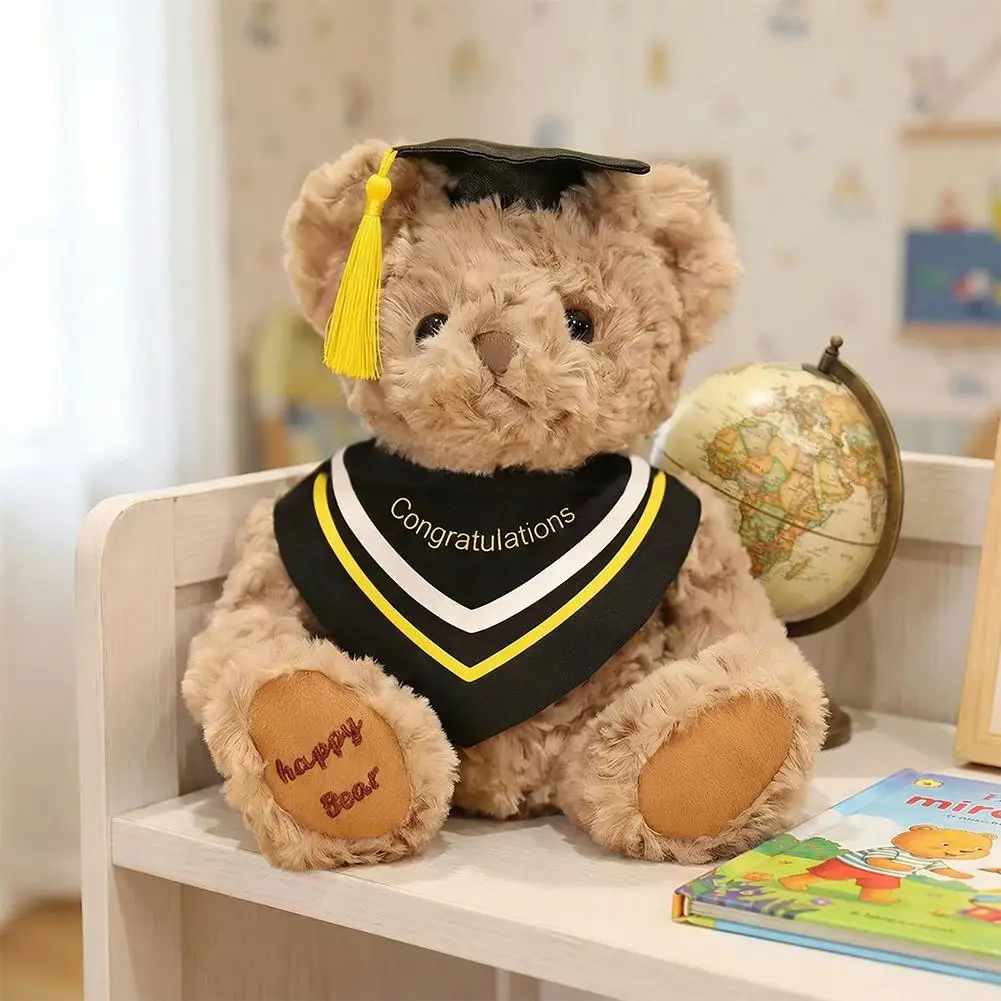 20cm Graduation Teddy Bear Plush Toy with Doctoral Cap Cute Sitting Bear Stuffed Animal Kawaii Graduation Season Gift for F D4W4