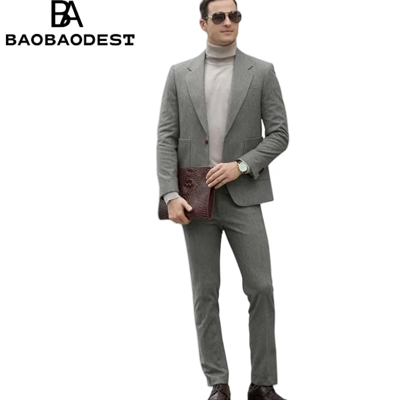 

Men's Slim Fit Herringbone Tweed Suit 2-Piece Set - Wool Blend Jacket & Pants for Wedding, Prom, Business Formal & Smoking