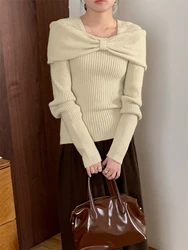 Ladies Elegant Fashion Slim Bow Off-shoulder Bottoming Sweater Women Autumn Winter Trendy Retro Inner Pullover Knitted Tops Gift