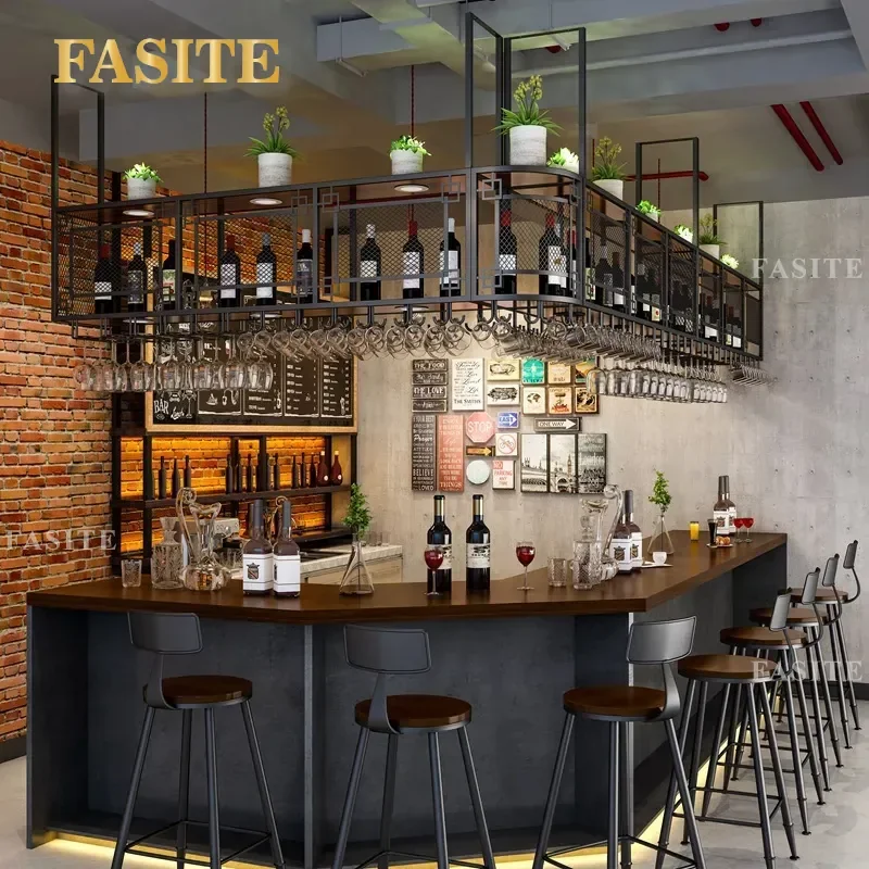 For Bar Counter Wrought Iron Hanging Wine Rack Upside Down Goblet Glass Holder Ceiling Mount Front Desk Cabinet Storage