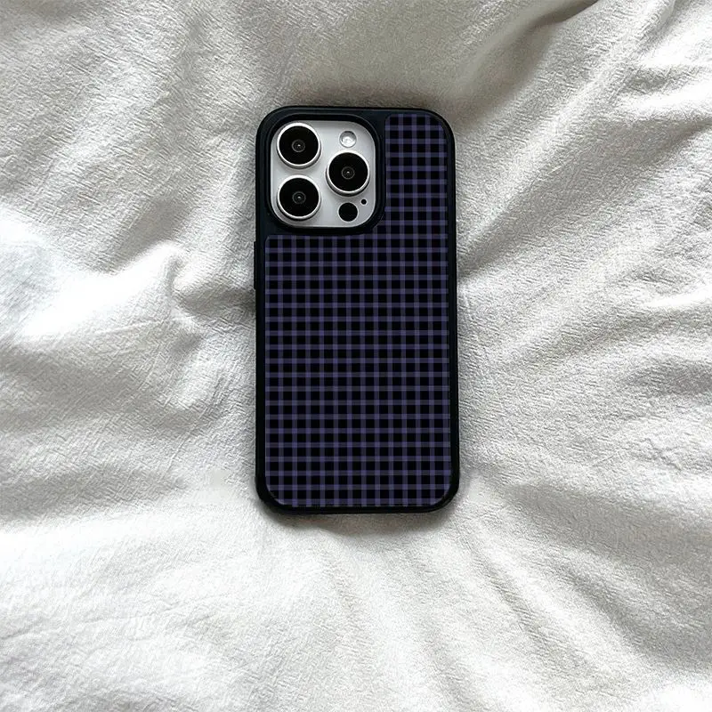 Funda Protectora para Teléfono con Diseño de Cuadrícula a Rayas Moradas y Negras Estilo Coreano para iPhone 17 Air 16 15 14 12 13 11Pro Max Plus, Anti-Caídas