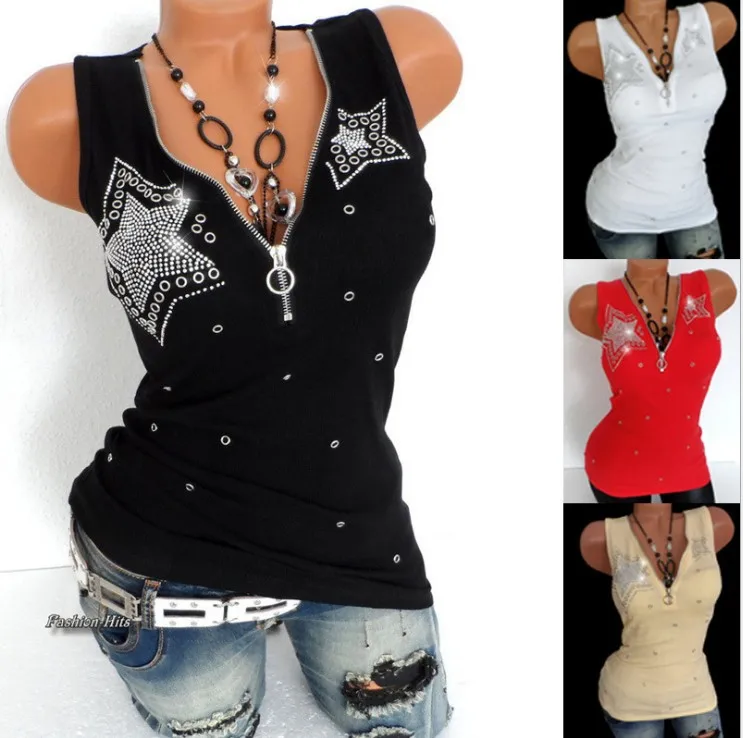 Womens Sleeveless Loose Vest T Shirt Ladies Summer Cami Camisole Blouse Tops Tee bling Star