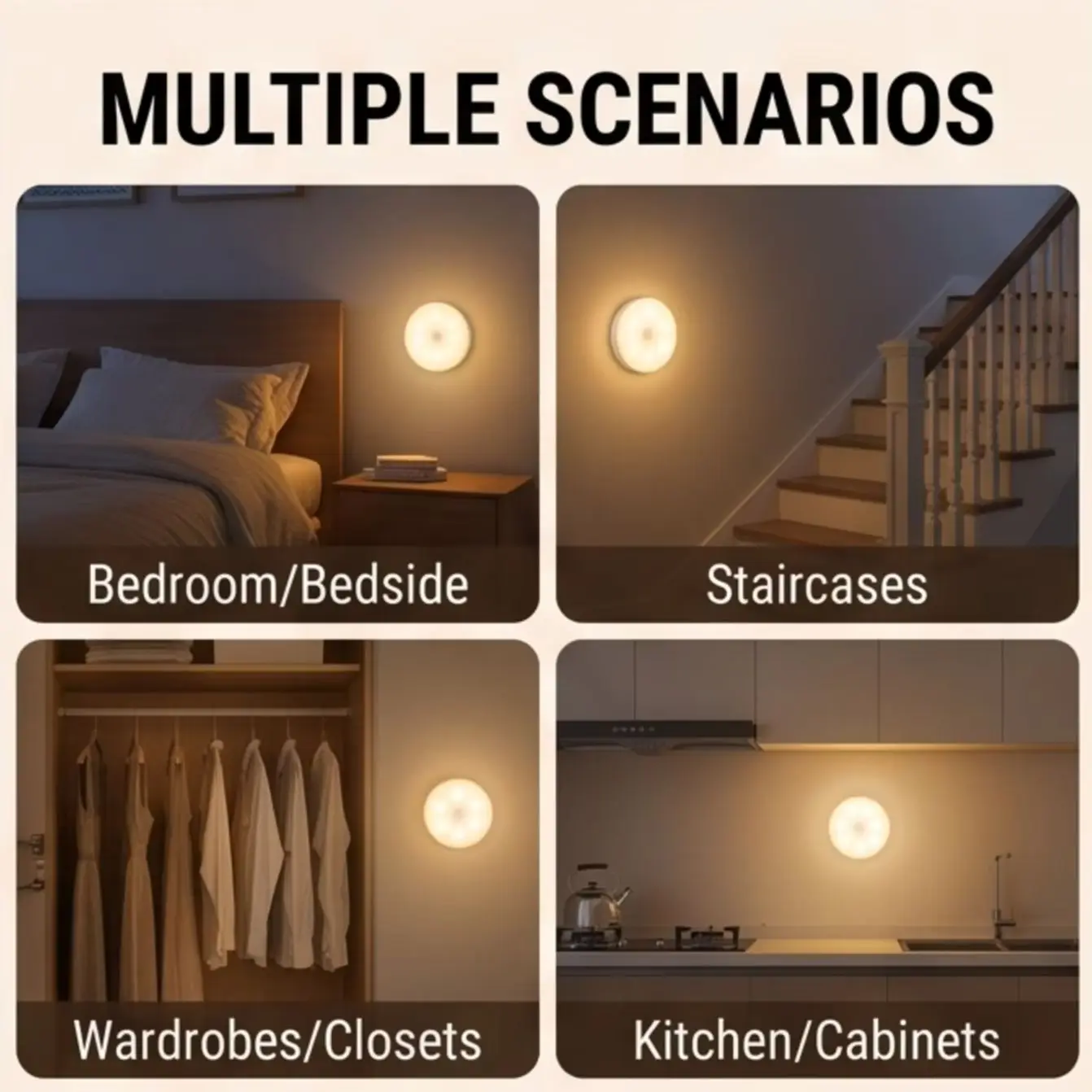 Warm LED Night Light with Motion Sensor USB Rechargeable Wireless Lamp for Cabinet Wardrobe Staircase Closet Lighting