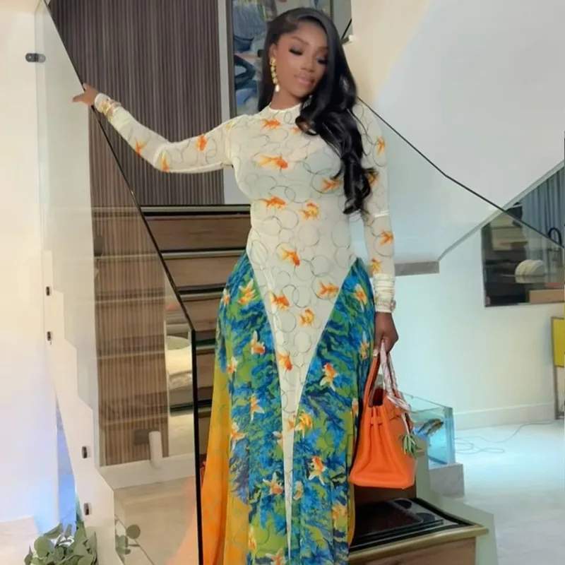 Goldfisch Bunte Print Patchwork Sheer Mesh Maxi Kleid Frauen Mode O Hals Volle Hülse A-line Party Lange Robe Urlaub Outfits