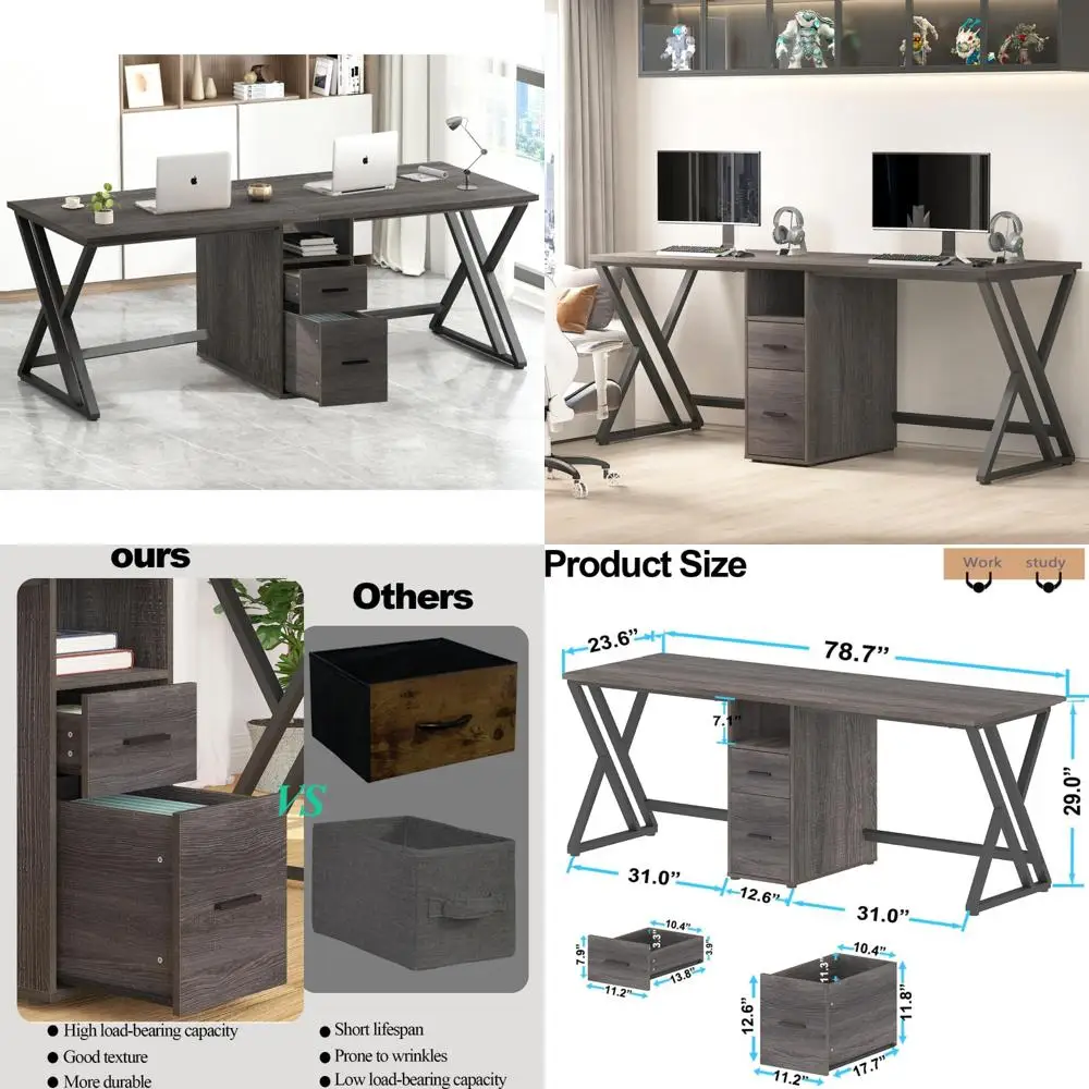 مكتب صناعي ريفي لشخصين مع خزانة تخزين ودرج ملفات لمساحات مكتبية كبيرة