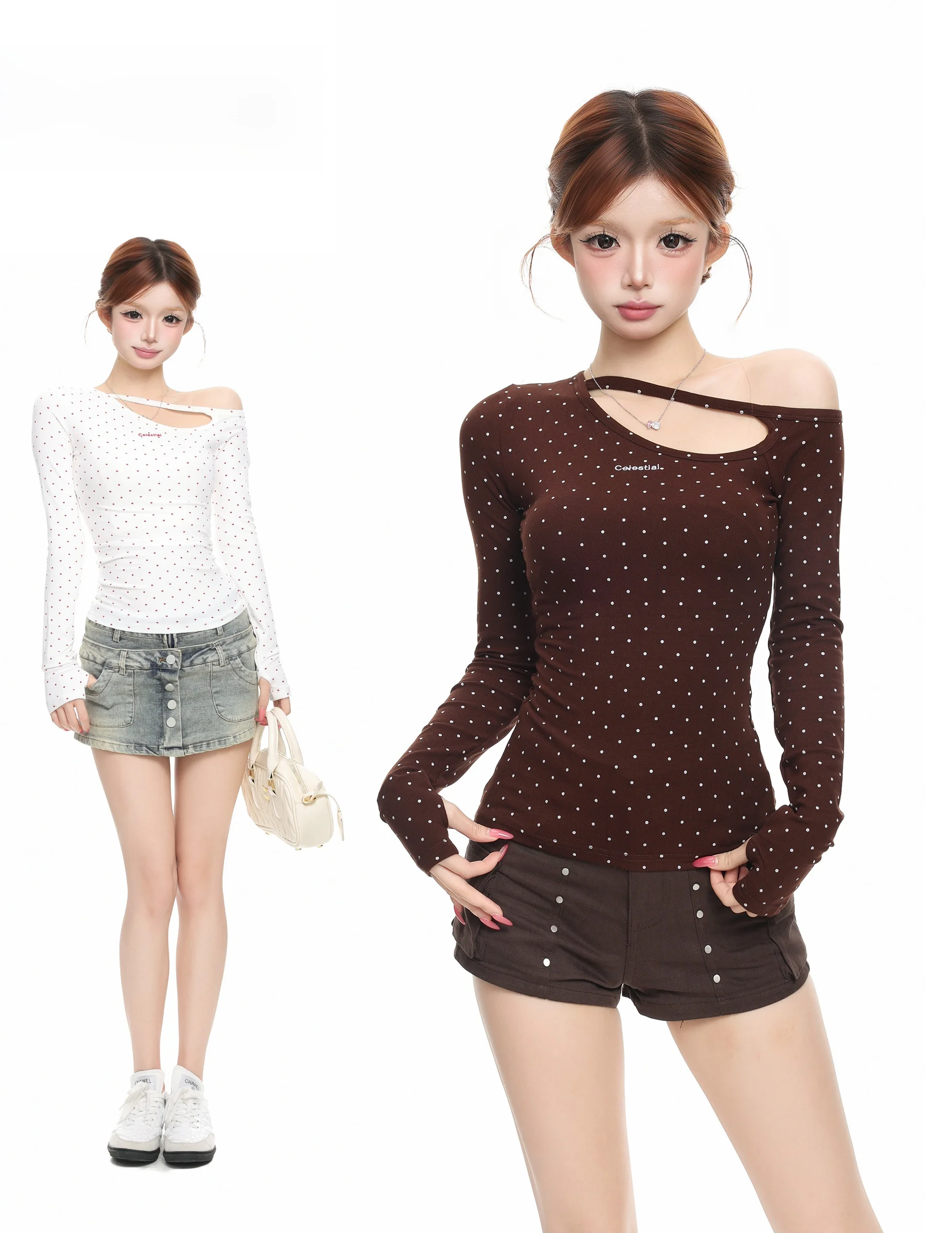 BASTERDS Korean Polka Dot Asymmetrical Hollow out Long Sleeve Slim Fit Women's T-Shirt Inner Wear Top for Autumn