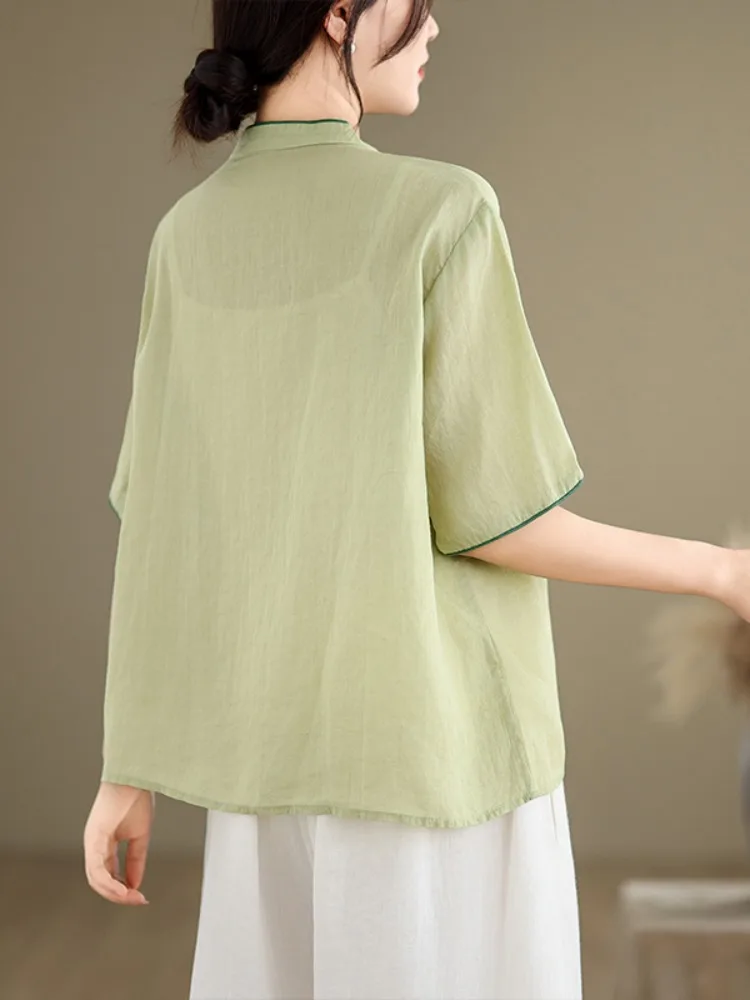 Neue Chinesische Sle Gestickte Button up Baumwolle Leinen irt Frauen Sommer Abnehmen Tussah Seide Bluse Vintage Lose Fit irt