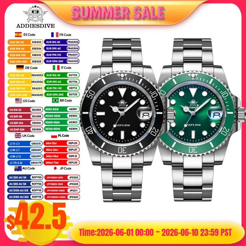 

ADDIESDIVE Fashion Watch Stainless Steel Diver Watch 200M C3 Super Luminous Sport Luxury Watch reloj hombre Quartz Men Watch