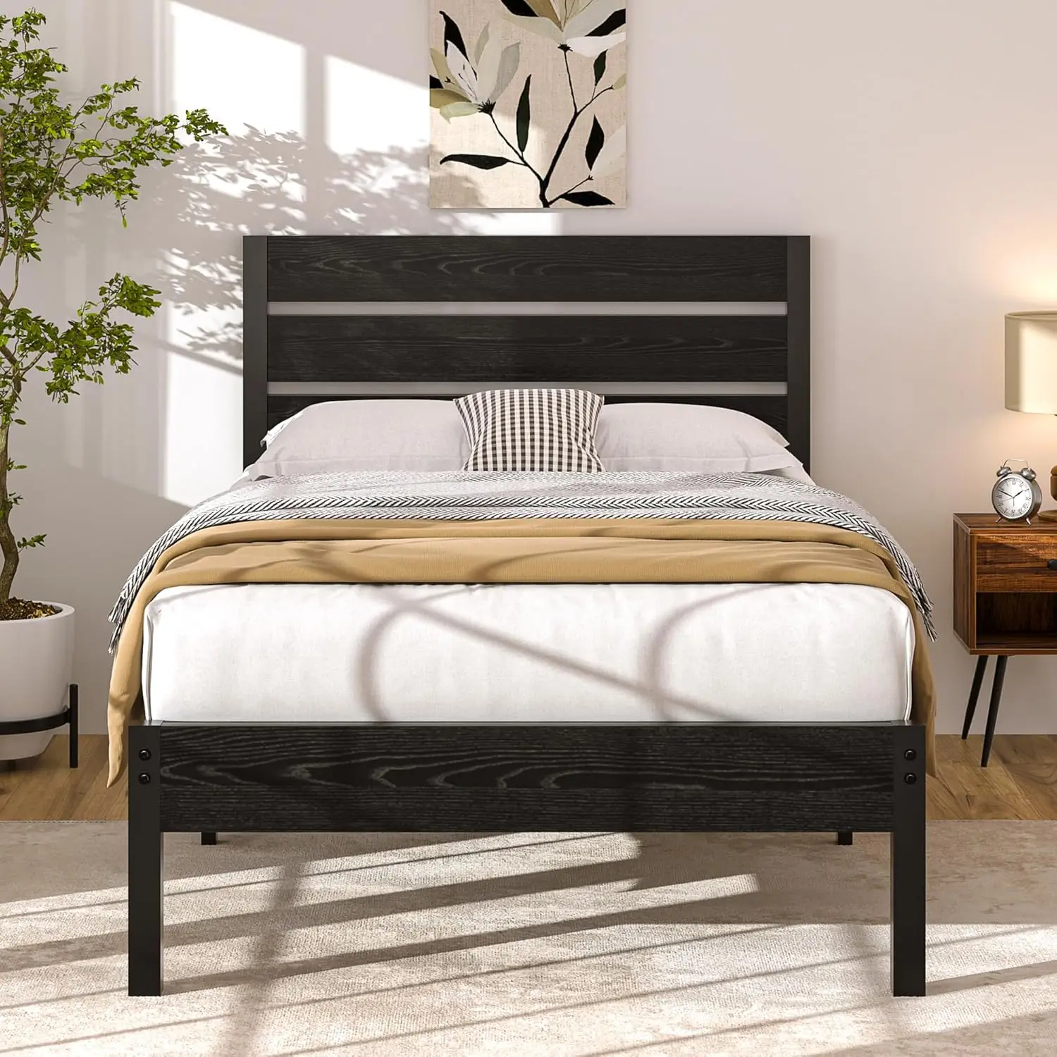 

Vecelo Twin Bed Frame With Wood Headboard And Footboard, Platform Mattress Foundation, Strong Metal Slats Support, No Box