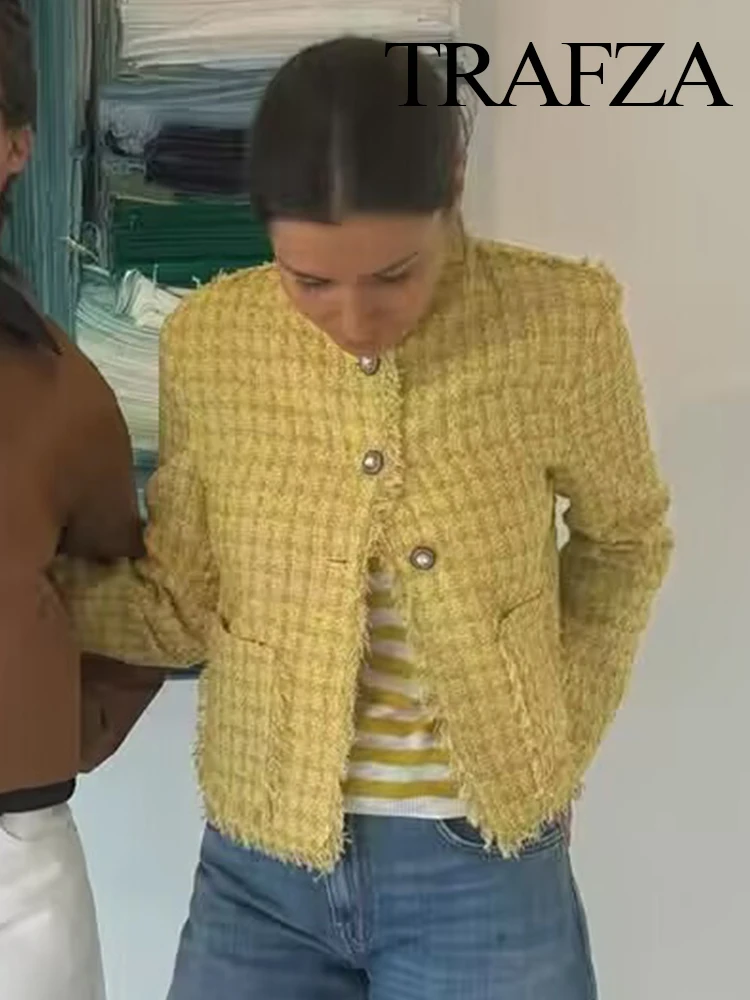 

TRAFZA Women Autumn Winter High-End Tassel Thin Coat Female Elegant Crew Neck Single-Breasted Long-Sleeved Cardigan Jacket Mujer