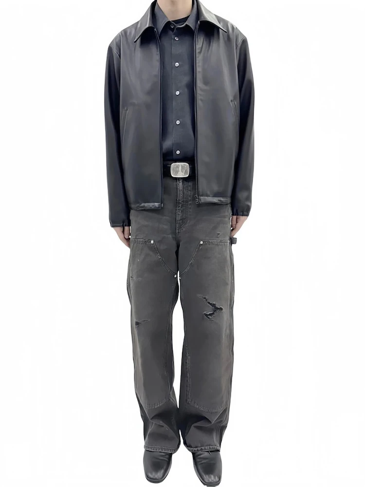 

Vujade 010 Men's Street Style Casual Straight Leg Jeans Faded Cotton Denim Pants Loose Fit Long Trousers with Splashed Ink
