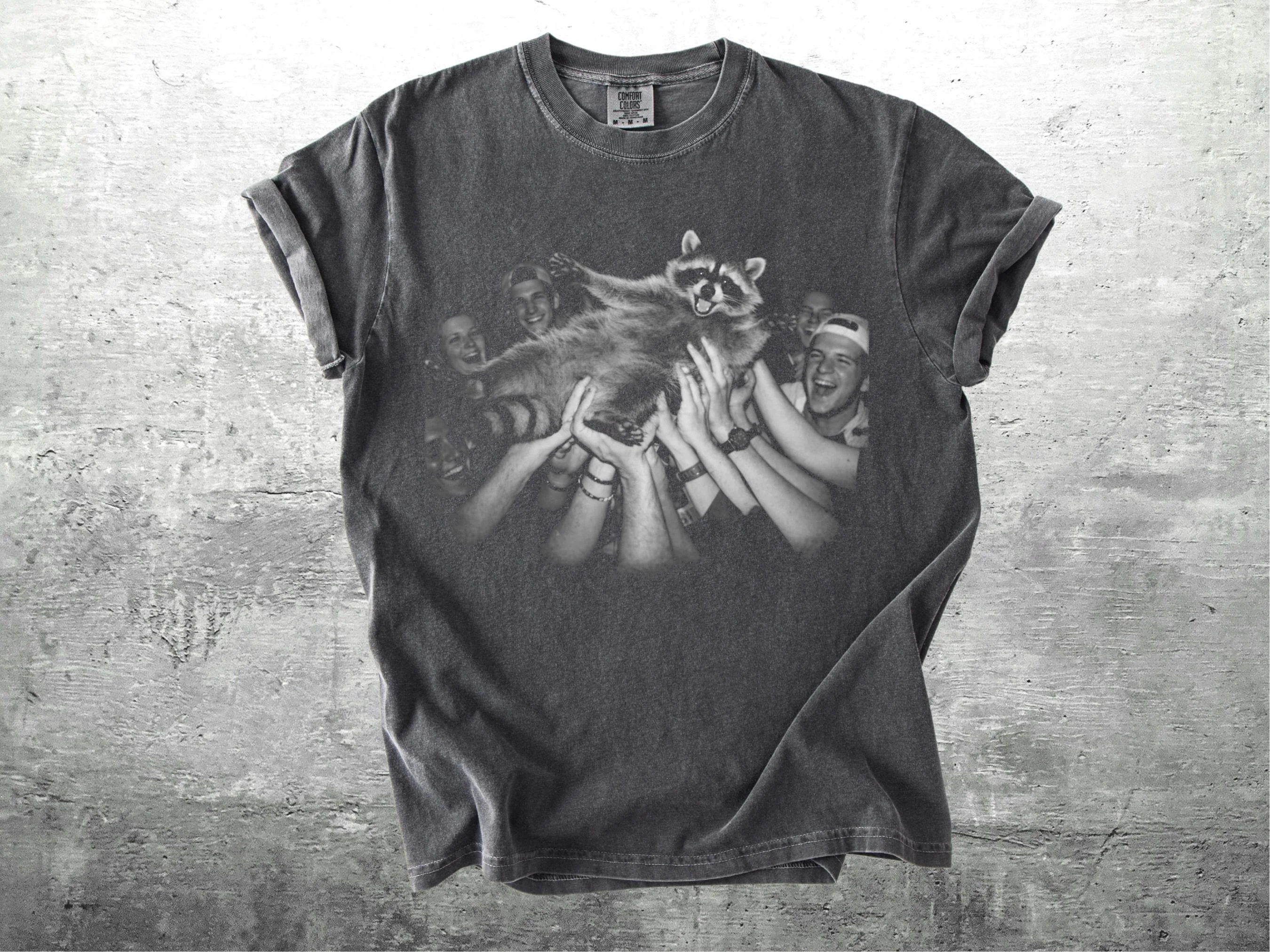 Funny Raccoon Meme Tee Shirt, Crowd Surfing, Mens, Colors T-shirt