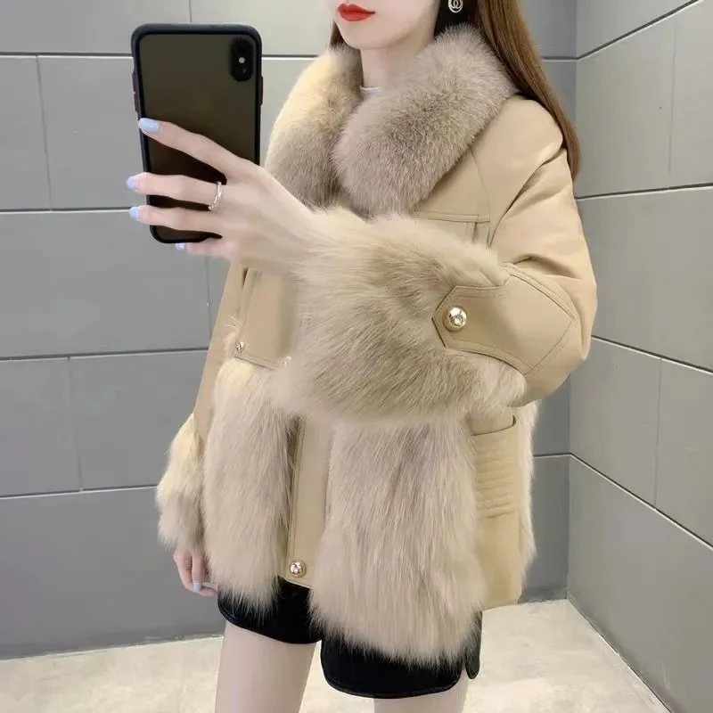 2023 New Winter Coat Lmitation Fox Fur Coat Women\'s Short Stitching Sheepskin Motorcycle Korean Cotton Jacket Female Parka