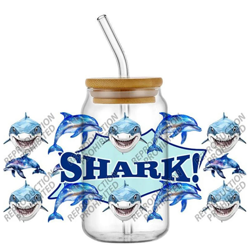 Cartoon shark design UV DTF 3D Sticker for 16oz Libbey Cup Waterproof Anti Scratch Self Adhesive Cup Wraps Tea Cup Design