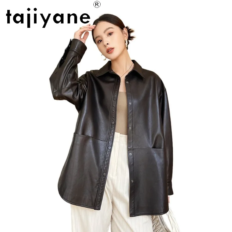 TAJIYANE Genuine Leather Jacket Women Vegetable Tanned Sheepskin Leather Blazer Coat Mid Length Oversized Jackets for Woman 가죽자켓