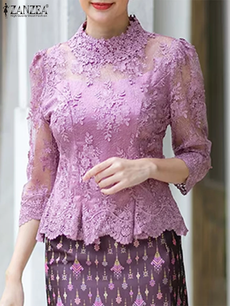 

ZANZEA Summer Lace Tops Vintage Hollow Out Floral Blusas Women Blouse 3/4 Sleeve O Neck Tunics 2025 Casual Transparent Pullover