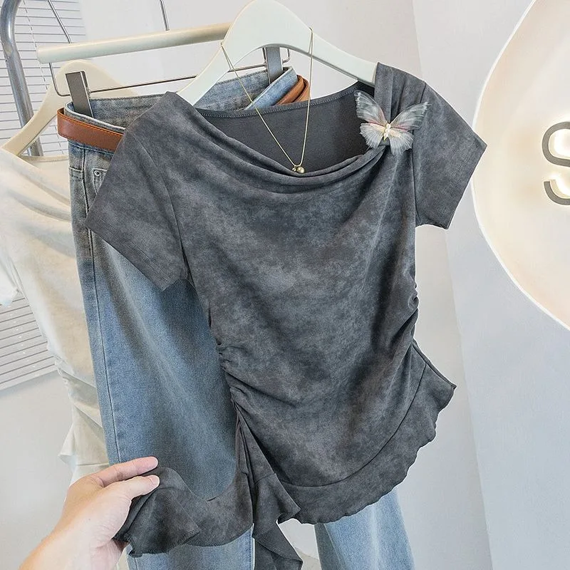Summer New French Fashion Women's Top High End Elegant Slim Waist Irregular 3D Butterfly Short Sleeved O-neck Solid Color Shirt