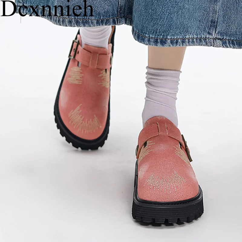 

Spring Autumn Closed Toe Flat Thick Sole Half Slippers Unisex Metal Buckle Design Lazy Mules Outdoor Vacation Walking Shoes