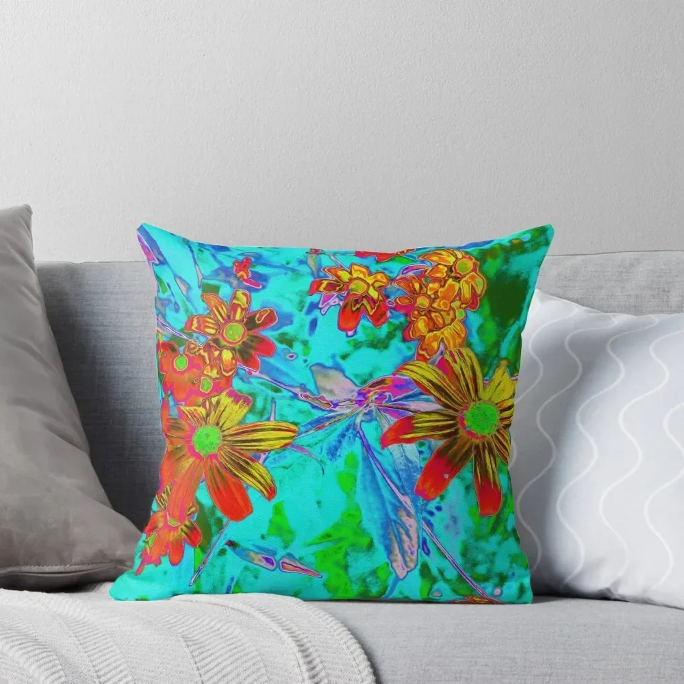 

Aqua Tropical with Yellow and Orange Flowers Throw Pillow Elastic Cover For Sofa ornamental pillows pillow