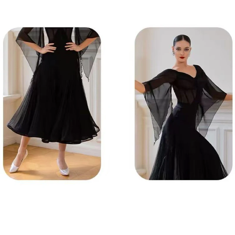 Stroje do tańca towarzyskiego dla kobiet na zawody 2025, z siateczkowymi rękawami, szerokie spódnice, garnitur dla dorosłych, walc, kostiumy do tańca nowoczesnego DQS21521