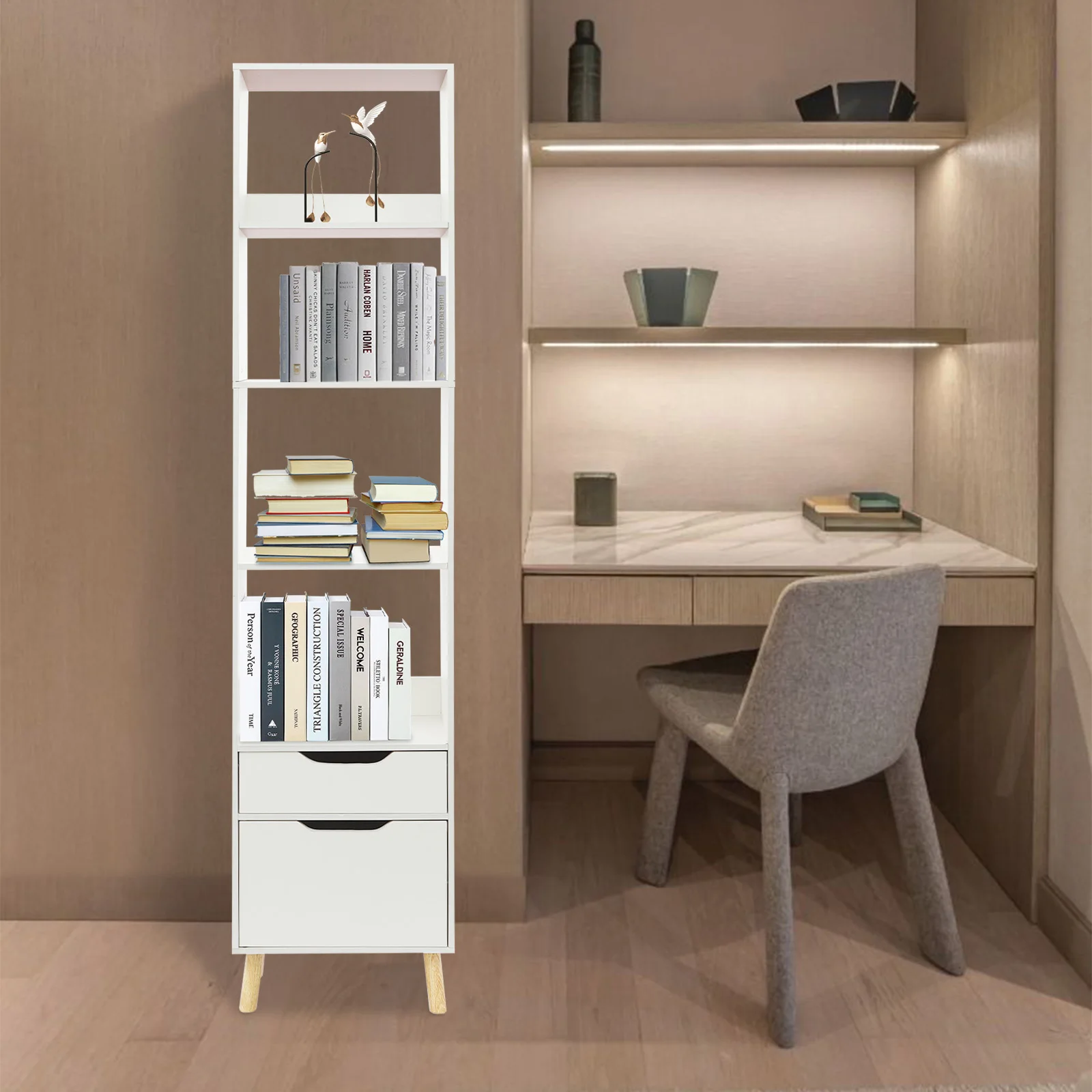 Bookshelf with Drawers, Bookcase Storage Organizer, Floor Standing Storage Rack for Living Room