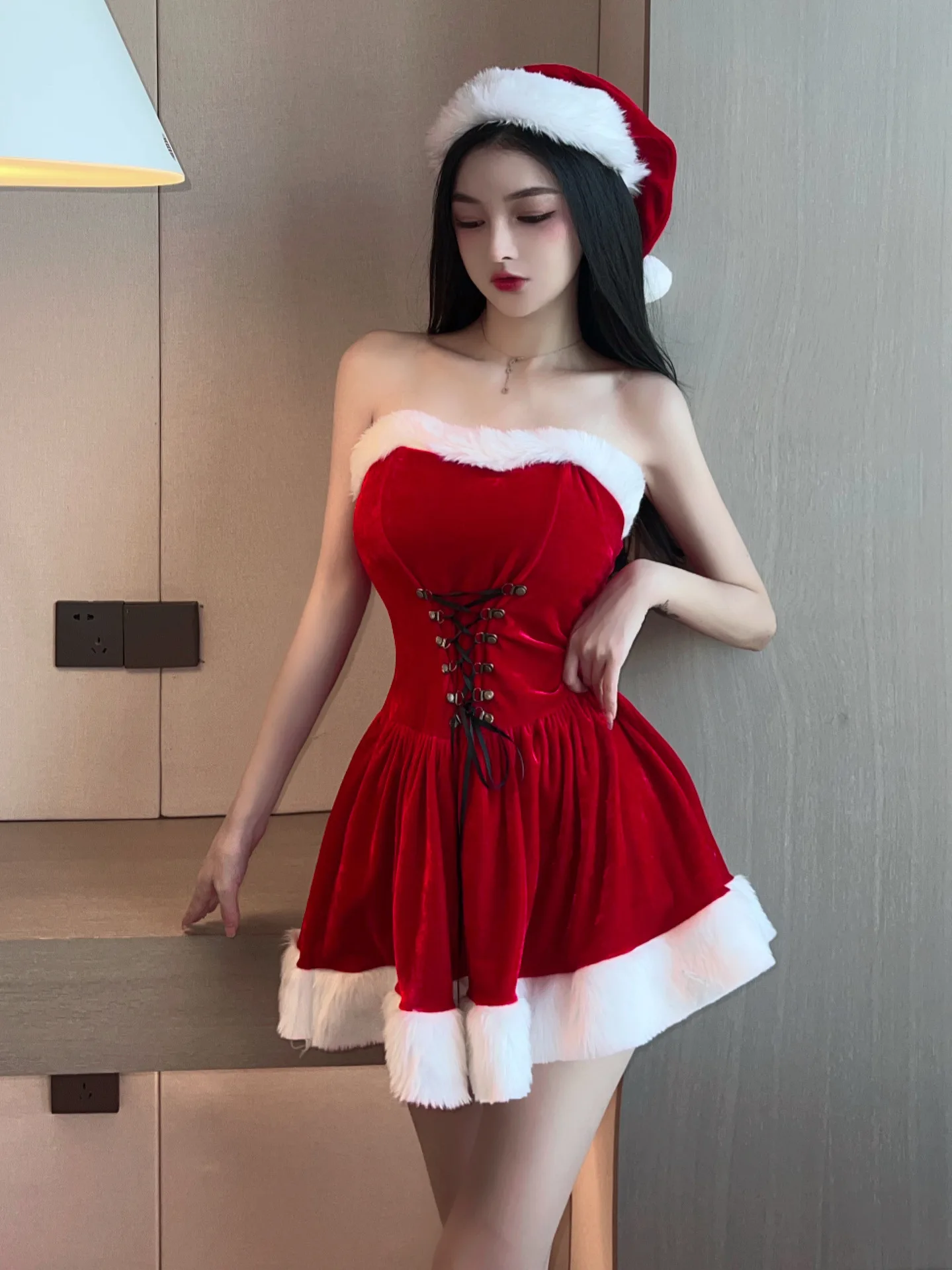 2023 Spring/Summer New Women's clothing Sexy New Year's Christmas War Robe Wrapped Chest backless A-line Solid color Dress FCUQ