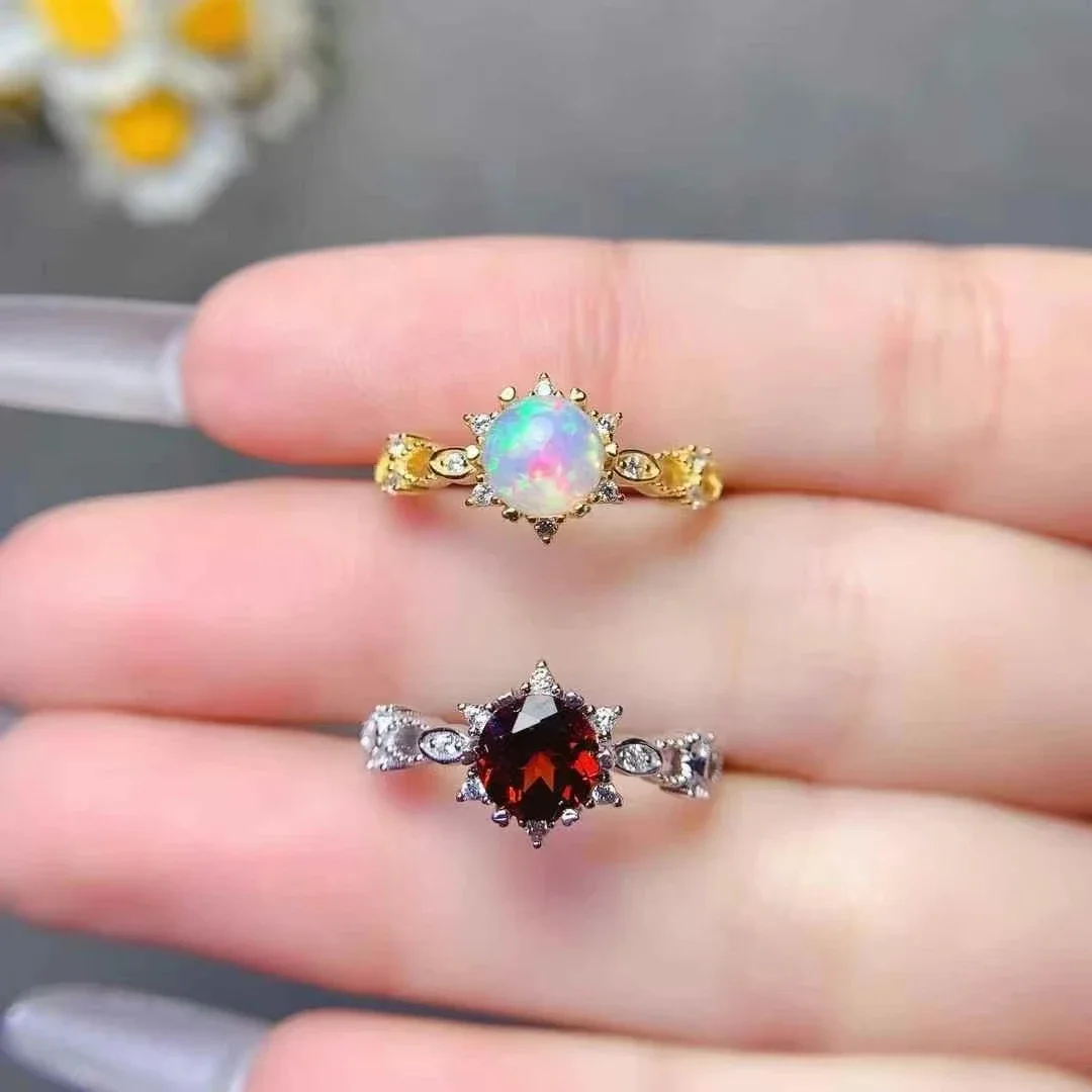 

Vintage Design 925 Silver Natural Opal Ring 6mm Genuine Garnet Ring 18K Gold Plated Opal Jewelry for Women