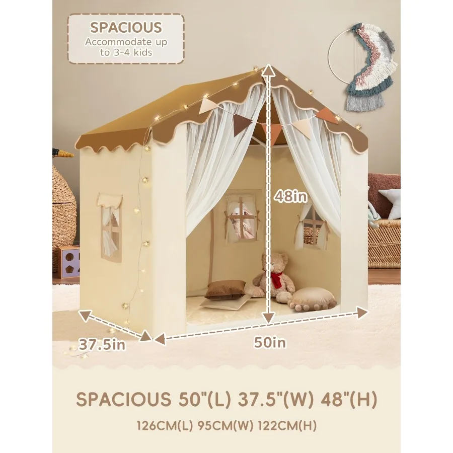 Tent met gewatteerde mat Speelhuistent 2-in-1 speeltent Grote ruimte binnen met 2 deuren en 4 ramen voor meisjes Jongens met sterren Li