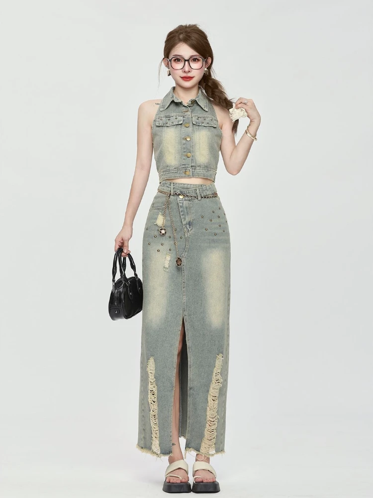 

Винтажный джинсовый жилет и длинная рваная юбка с высокой талией: летний женский комплект из двух предметов для повседневной носки в стиле кэжуал-стритвир