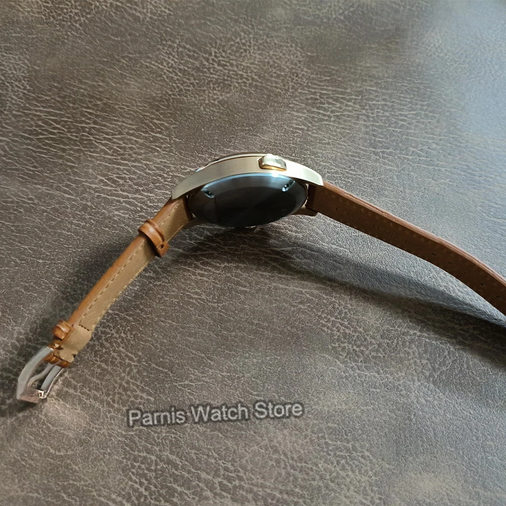 Parnis 45mm Herrenuhr Roségold Weißes Zifferblatt Seagull1652 Automatische mechanische Skala Kalender Lederarmband Herren Sportuhren