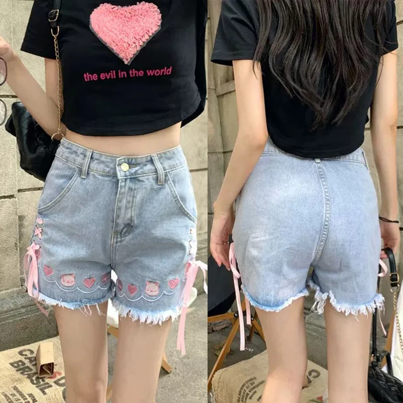 Japanese Subculture Denim Shorts Summer Y2k Embroidered Lace Up Cute Short Pants Kawaii Sweet Chic Women Harajuku Casual Jeans