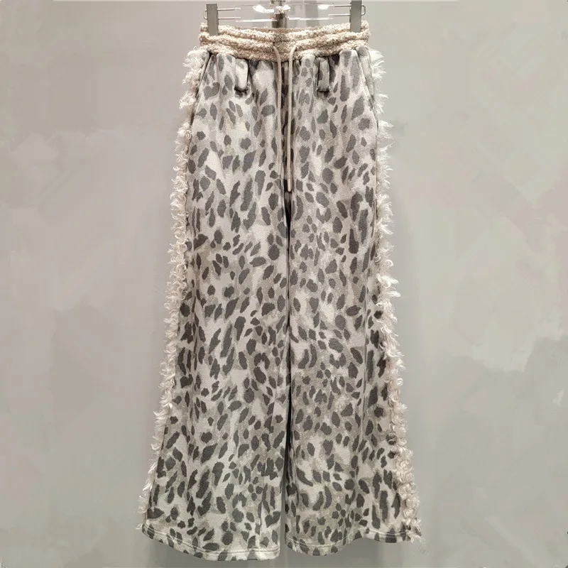 Chic Hairy Patchwork Leopard Printed Faux Fur Fringed Long Pants Popular Wide Legs Flocking Trousers Elastic Waist Pantalones