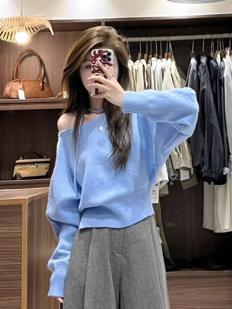 جميلة oulder Bared محبوك قاعدة irt المرأة الخريف الشتاء ملابس داخلية سترة يمكن لباس خارجي علوي الكورية Sle فضفاض صالح