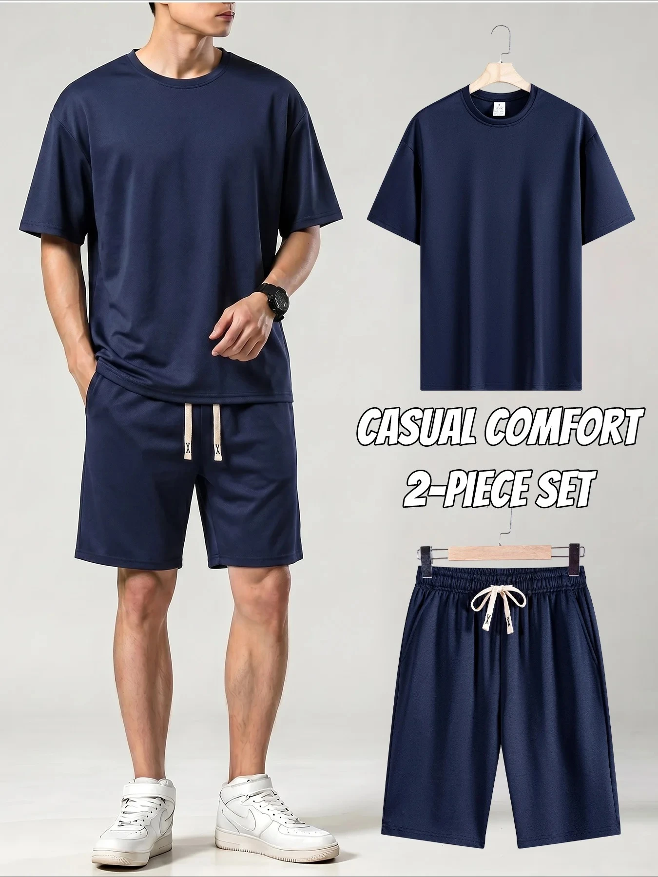 Summer Mens Oversized Plain Matching Tracksuit Smooth Ice Silk Fabric Relax Fit Short Sleeve Tee Side Pocket Shorts Soft Cooling