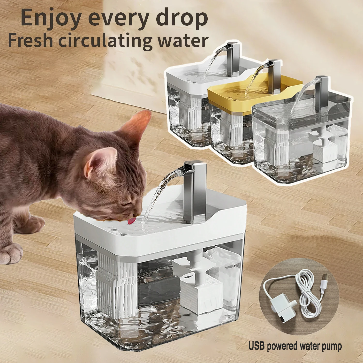 Cat Water Fountain Auto Filter Cat Drinker USB-Powered Recirculate Filtering Water Dispenser with Pump for Cats and Small Dogs