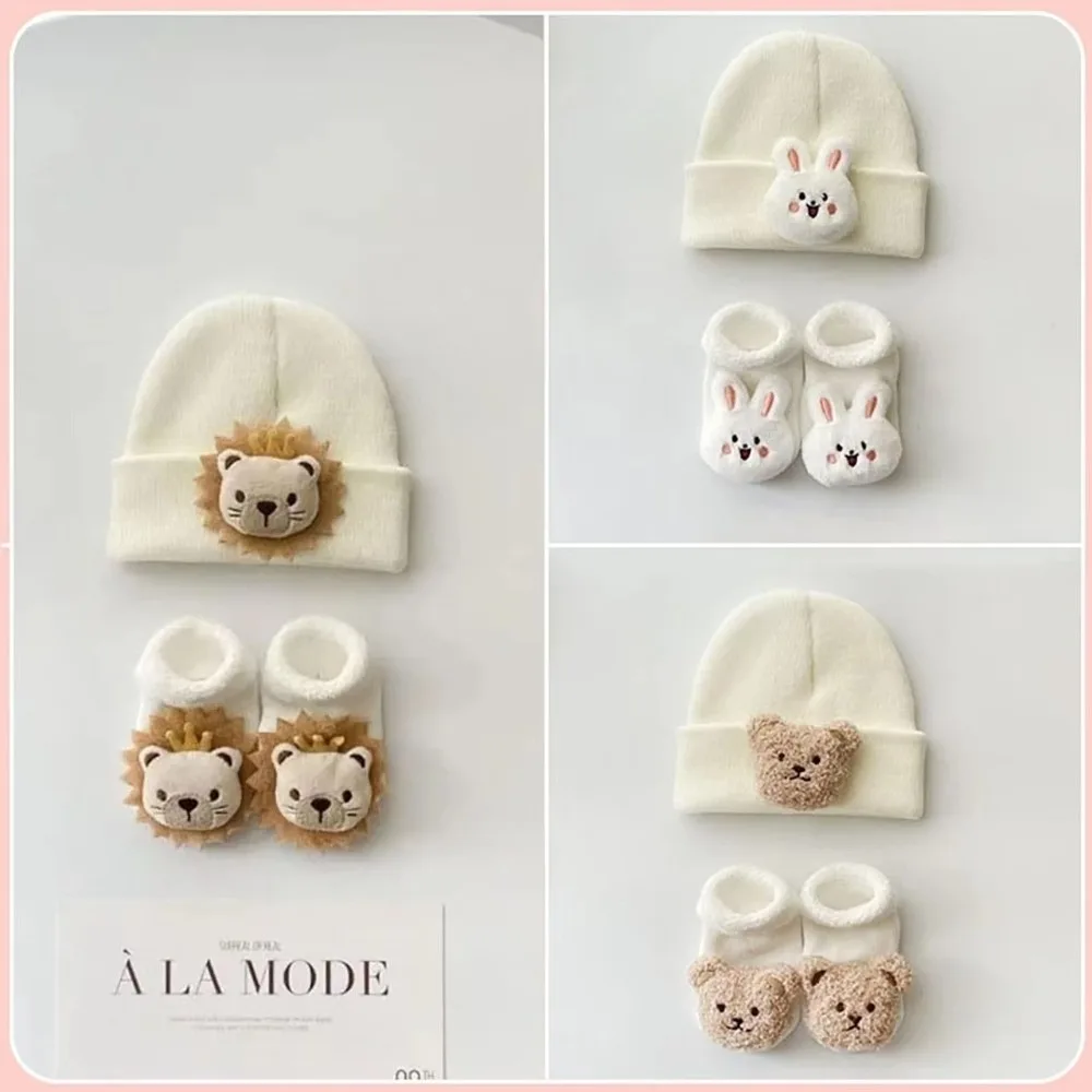 2PCS/Set New Cartoon Baby Hat Socks Winter Knitted Cute Animal Pullover Hats Woolen Warm Beanies Newborn Short Socks Boy Girl
