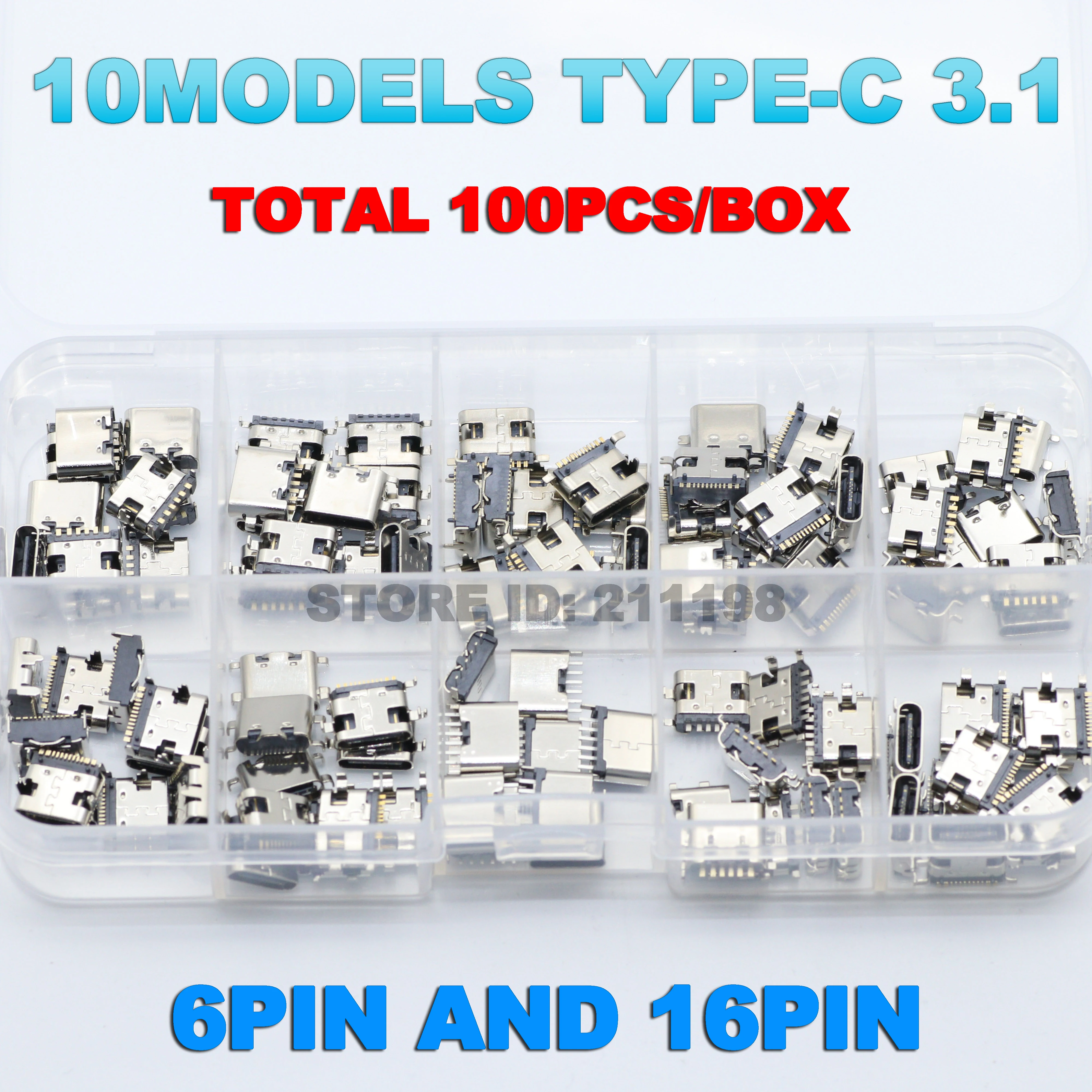 C타입 USB 충전 도크 커넥터, 휴대폰 및 디지털 제품 수리 키트용, 6 핀 및 16 핀 혼합, 10 모델, 100 개/로트