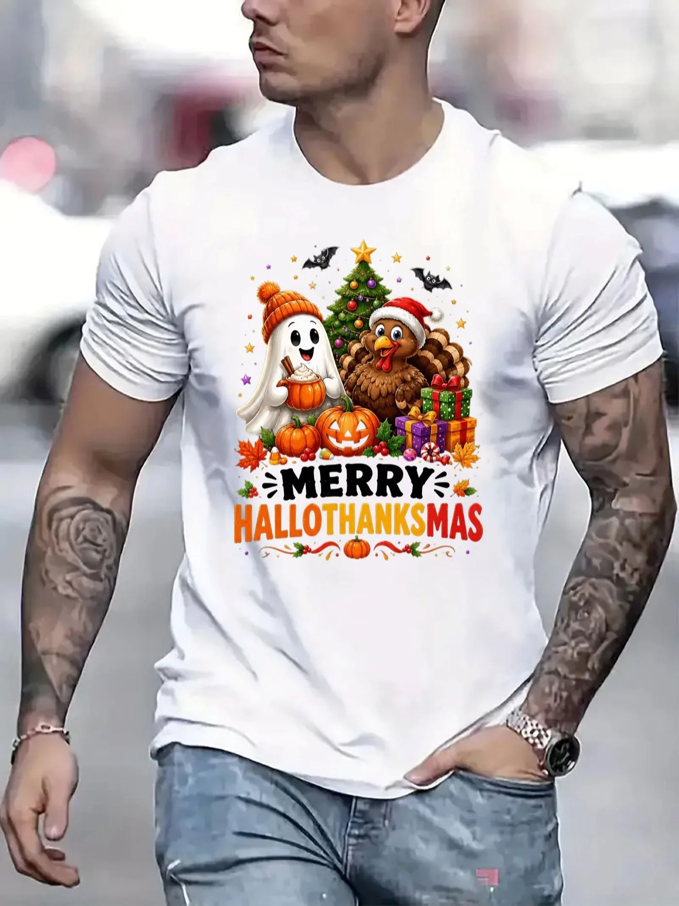 Halloween Men's T‑Shirt Comfortable Crew Neck Casual Cotton Short Sleeve Soft Breathable Top Men Streetwear Trendy Letter Print Tee For Spring Summer Daily Wear
