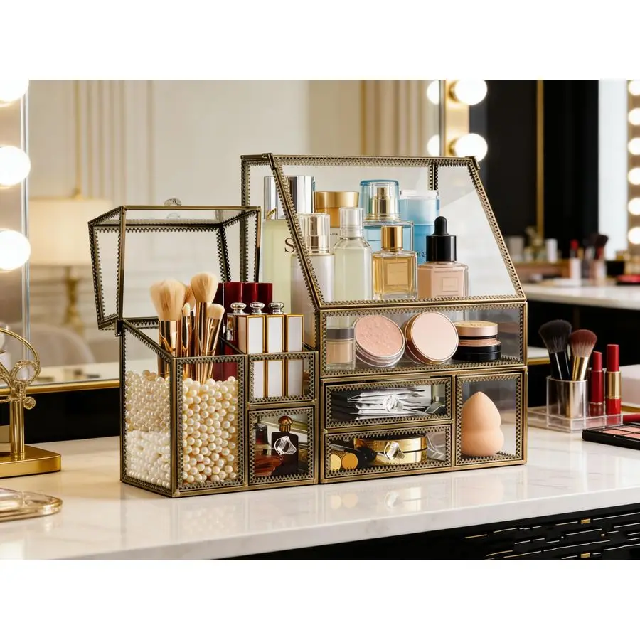 

Glass Antique Brass Stackable Drawer Set Makeup Organizer for Vanity Antique Countertop Vanity Cosmetic Storage Box Mirror Glass