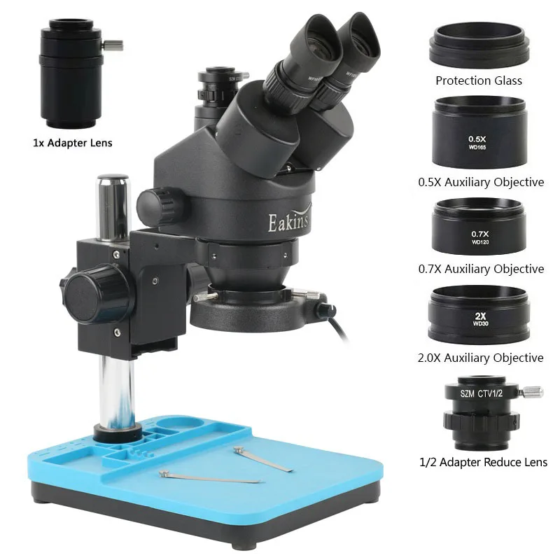 Simul-Focal Trinokular 7X-45X Zoom Stereo Mikroskop + 0,5X 0,7X 2X Hilfs Objektiv Für Telefon Reparatur PCB Schmuck Solder Inspected