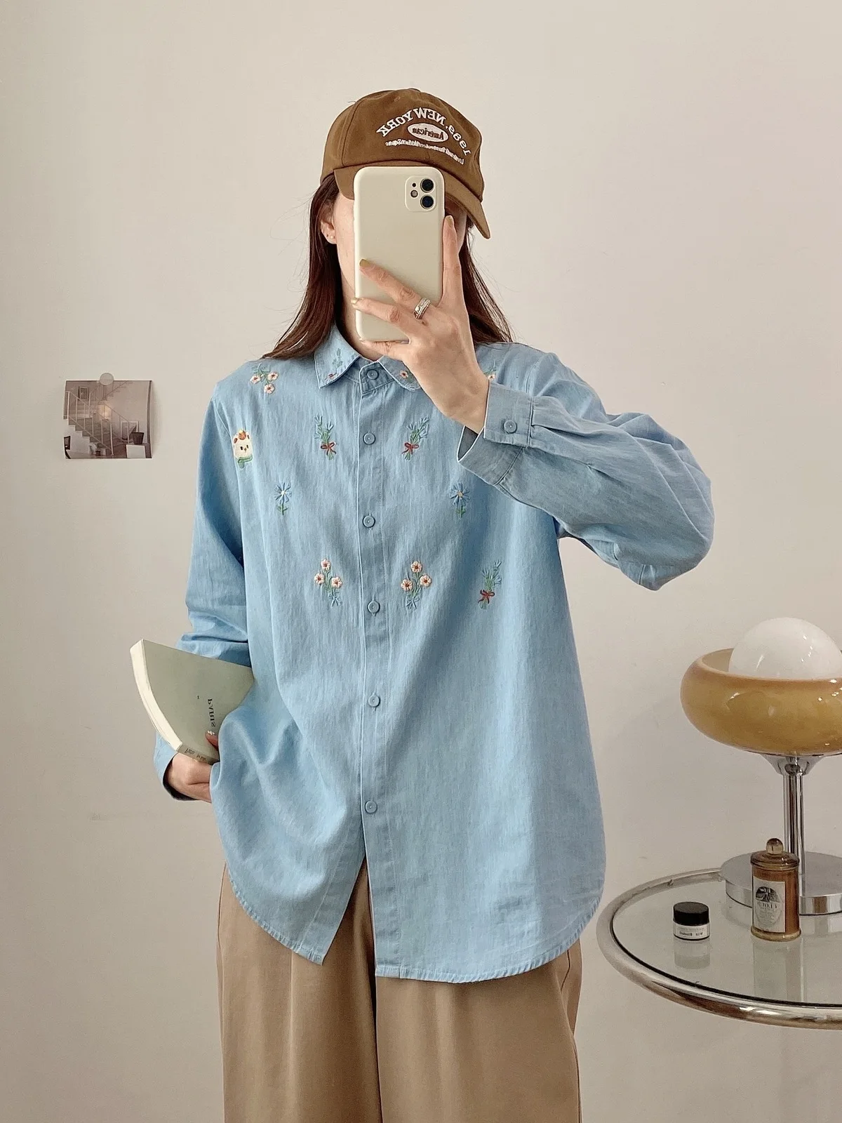 New Autumn Cotton Embroidery Denim Shirt Women Lapel Collar Top Girl Long Sleeve Loose Age Reduction Blouse 2024 Spring T3D990QC