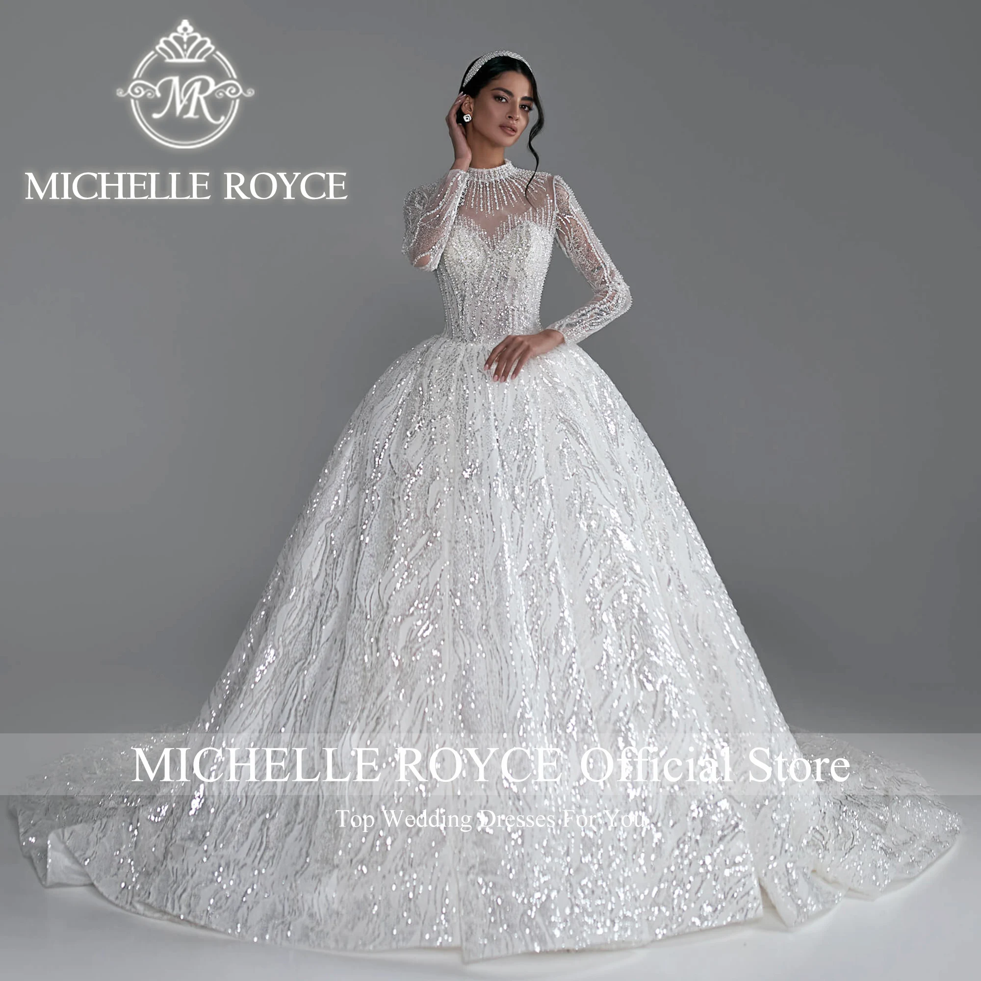 Michelle Royce Ball Gown Wedding Dresses For Women Royal O-Neck Invisible Neckline Sequined Wedding Gown Vestidos De Novia