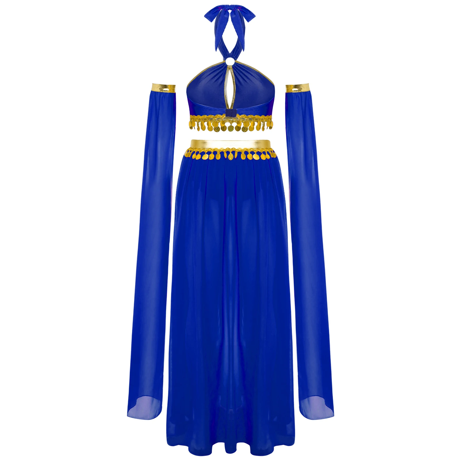 ชุดคอสเพลย์คลีโอพัตราสำหรับฮาโลวีน ชุดเต้นระบำหน้าท้อง แขนเสื้อครอปท็อปแบบผูกคอสไตล์โรมันโบราณและอียิปต์ พร้อมกระโปรงชีฟองผ่าข้าง