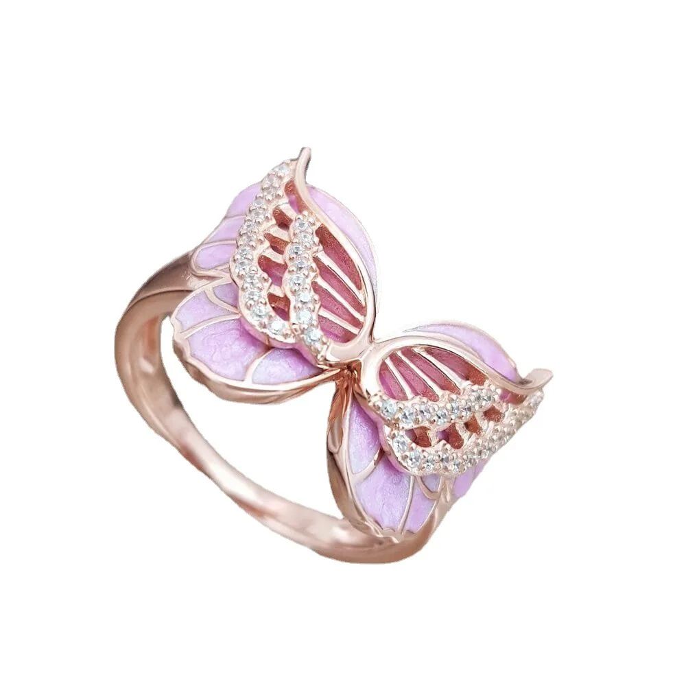 Cross-border foreign trade new diamond-studded pink butterfly ring European and American 18k gold-plated ring