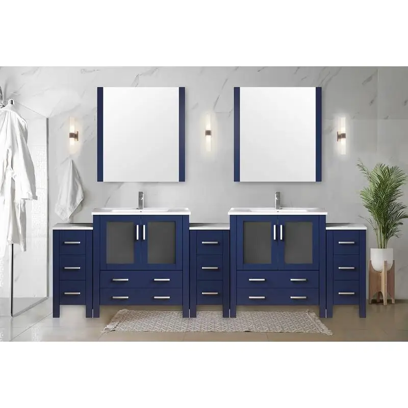 حمام مزدوج باللون الأزرق الداكن مقاس 108 بوصة عرض × 18.25 بوصة عمق مع خزائن جانبية وسطح سيراميك أبيض للحمامات الحديثة