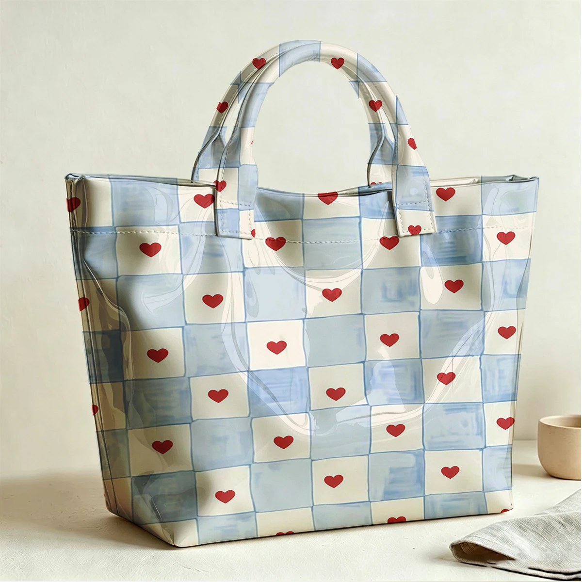 Sweet Hearts Large PVC Waterproof Capacity Canvas Shoulder Bag Dual Side Print Tote Bag Daily Shopping Bag Fashion Handbag