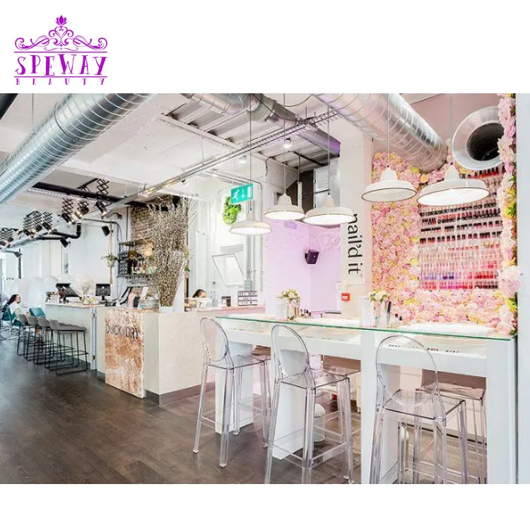 Logo personalizzato Elegante scrivania per unghie per manicure da salone da tavolo bianco lucido a 3 posti con piano in vetro